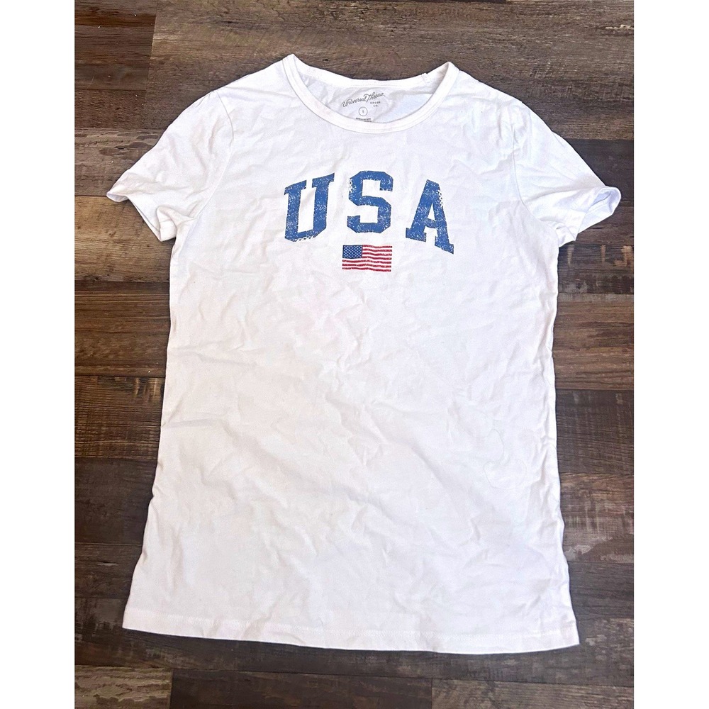 Universal Thread Women's White USA Flag Graphic Crew Neck Cotton Tee Size S
